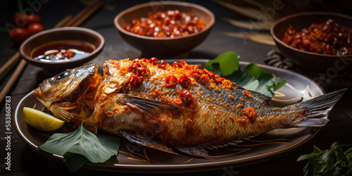 A plate of Pla Rad Prik, deep-fried fish with chili sauce generated by AI photo