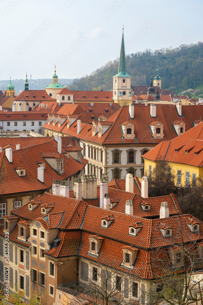 Red roofs of Lesser Quarter dominated by St Thomas church, UNESCO World Heritage Site, Prague Red roofs of Lesser Quarter dominated by St Thomas church, UNESCO World Heritage Site, Prague