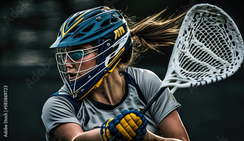 A fictional persons. Female Lacrosse Player in Action on the Field