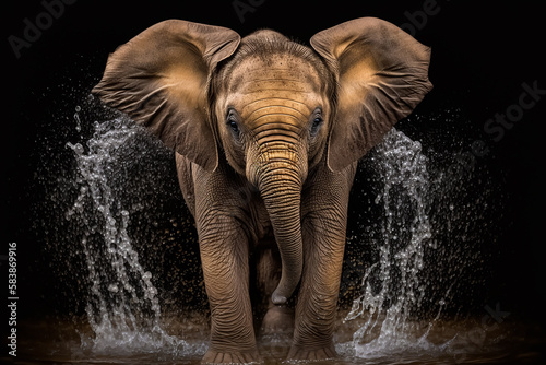 Delightful Wet Baby Elephant Violently Shakes Herself Whilst.  Generative AI