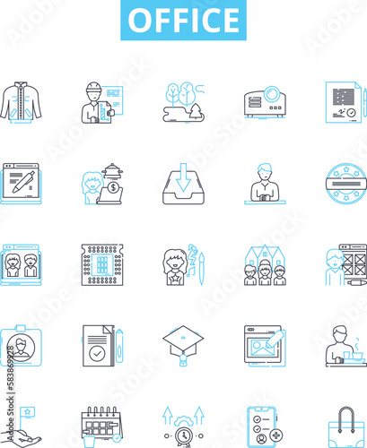 Office vector line icons set. Office, Desk, Chair, Cubicle, Workstation, Printer, Filing illustration outline concept symbols and signs