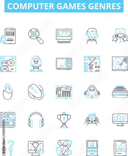 Computer games genres vector line icons set. Simulation, Shooter, Adventure, Puzzle, Strategy, Platformer, Racing illustration outline concept symbols and signs