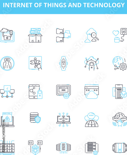 Internet of things and technology vector line icons set. IoT, Technology, Connectivity, Automation, Wearables, Sensors, Artificial Intelligence illustration outline concept symbols and signs