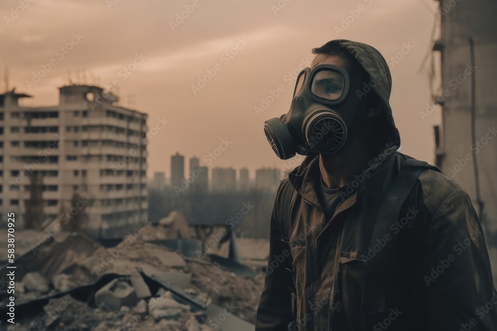Man with gas mask in polluted industrial landscape Generative AI Man with gas mask in polluted industrial landscape Generative AI