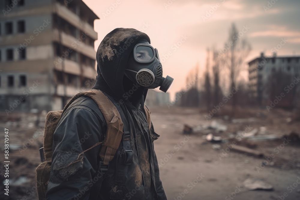 Man with gas mask in polluted industrial landscape Generative AI Man with gas mask in polluted industrial landscape Generative AI