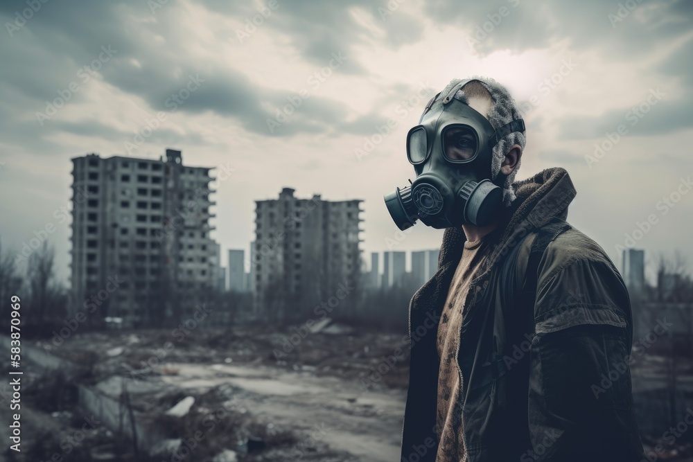 Man with gas mask in polluted industrial landscape Generative AI Man with gas mask in polluted industrial landscape Generative AI