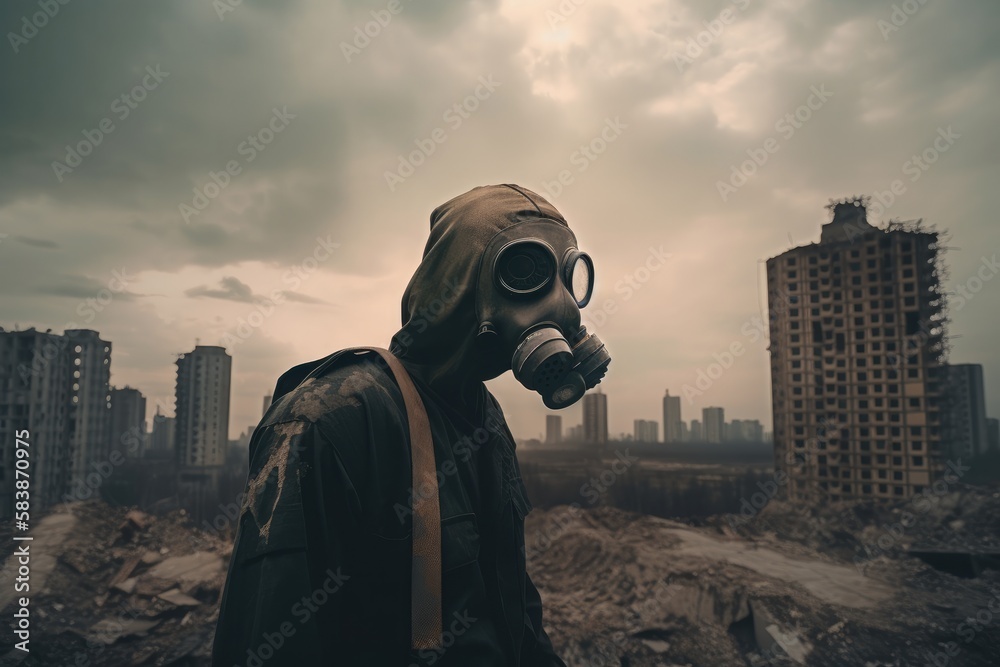 Man with gas mask in polluted industrial landscape Generative AI Man with gas mask in polluted industrial landscape Generative AI