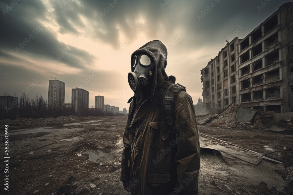 Man with gas mask in polluted industrial landscape Generative AI Man with gas mask in polluted industrial landscape Generative AI