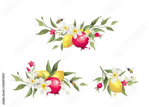 Summer decor with jasmine flowers, lemons and pomegranate branches. Vector illustration, floral design elements for wedding invitation and labels.	