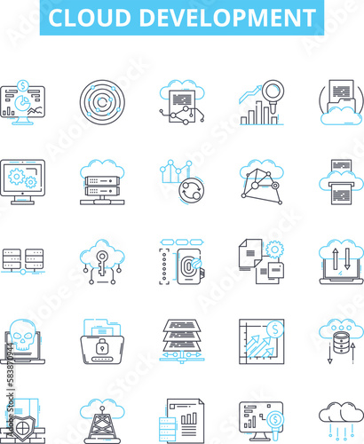 Cloud development vector line icons set. Cloud, Development, Platform, Architecture, Deployment, Management, Infrastructure illustration outline concept symbols and signs
