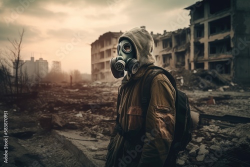 Man with gas mask in polluted industrial landscape Generative AI