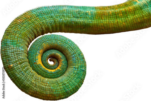 Graphic element, isolated on a transparent background, detail of the curled tail of Parson's chameleon, Calumma parsonii, in green and blue. Wild animal, Madagascar