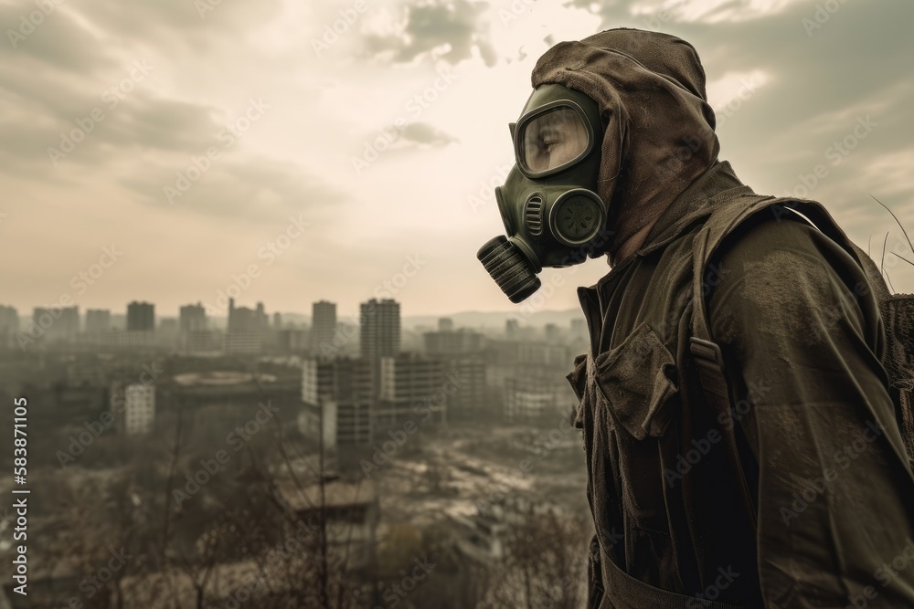 Man with gas mask in polluted industrial landscape Generative AI Man with gas mask in polluted industrial landscape Generative AI