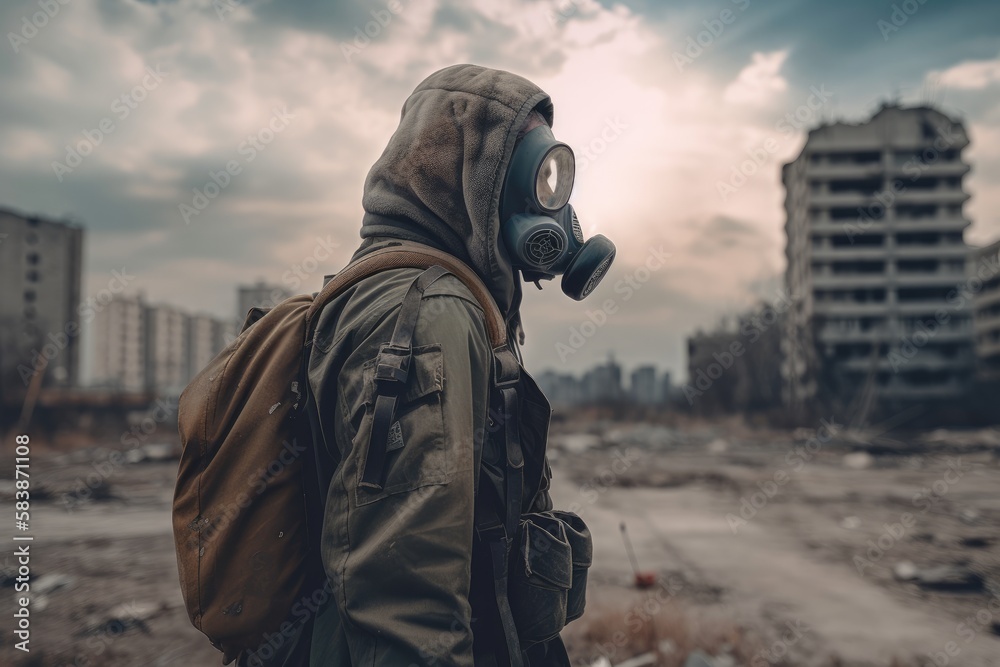 Man with gas mask in polluted industrial landscape Generative AI Man with gas mask in polluted industrial landscape Generative AI