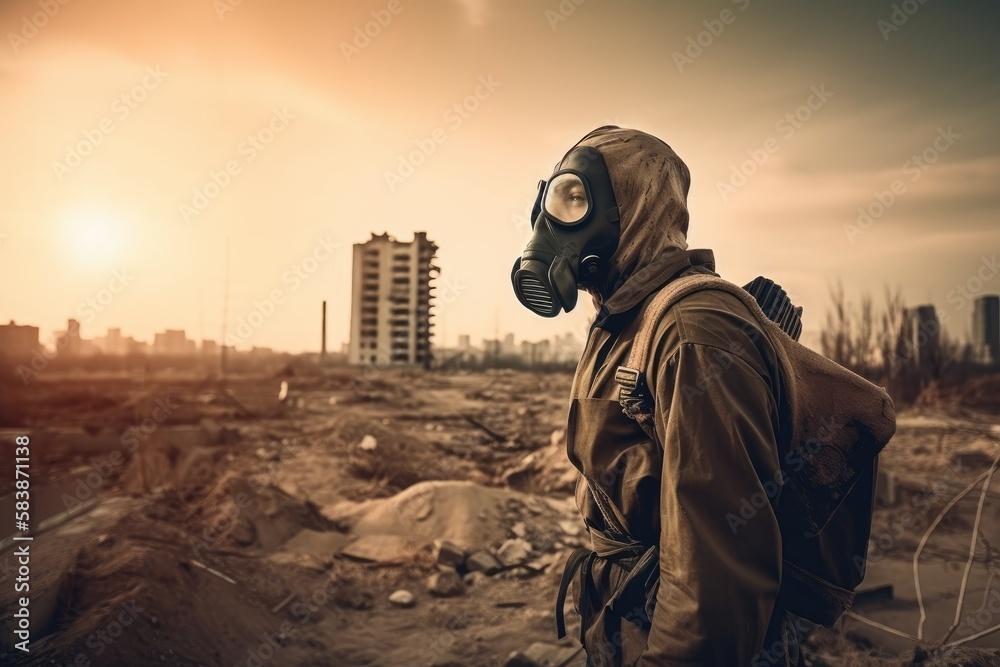 Man with gas mask in polluted industrial landscape Generative AI Man with gas mask in polluted industrial landscape Generative AI