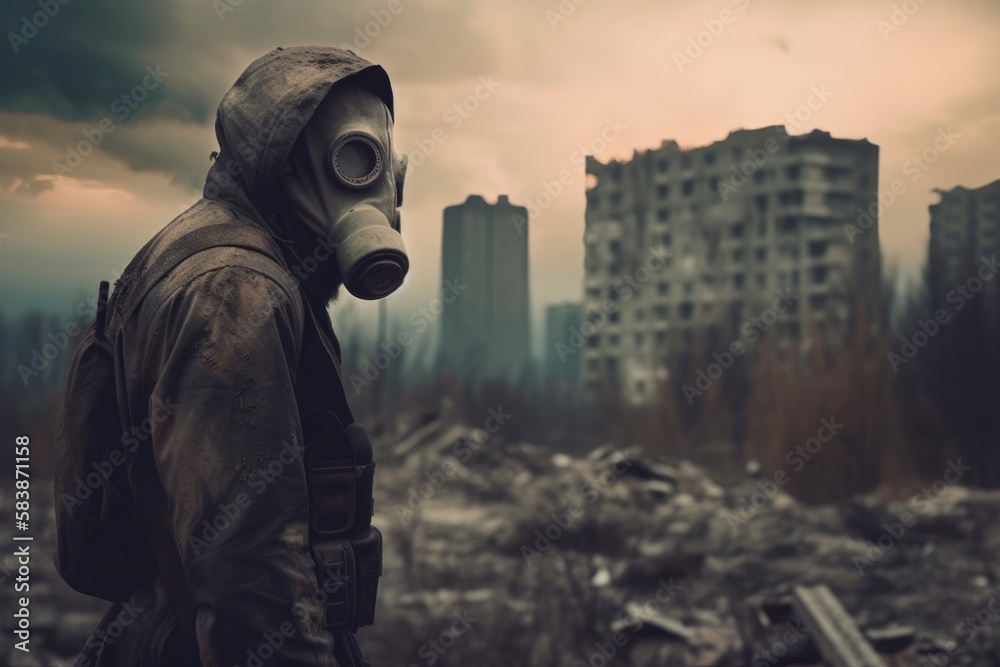 Man with gas mask in polluted industrial landscape Generative AI Man with gas mask in polluted industrial landscape Generative AI