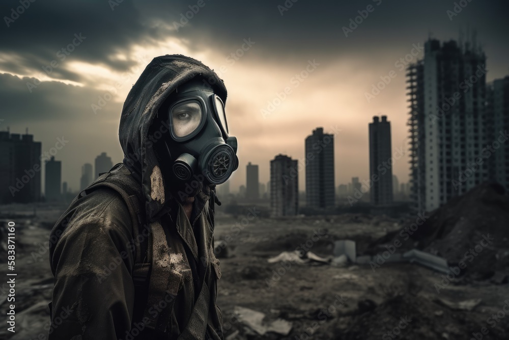 Man with gas mask in polluted industrial landscape Generative AI Man with gas mask in polluted industrial landscape Generative AI