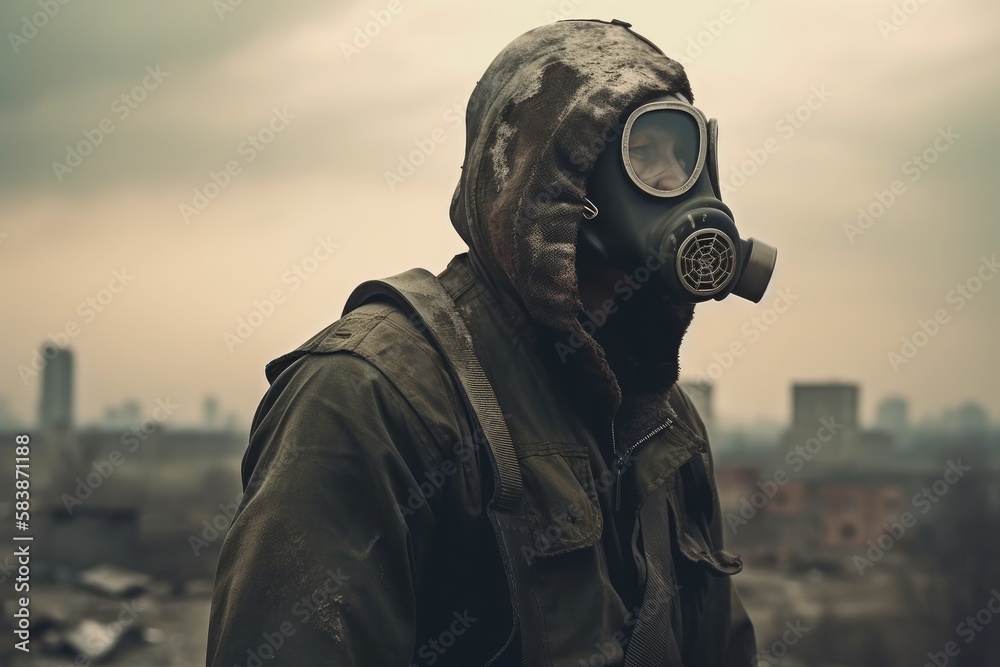 Man with gas mask in polluted industrial landscape Generative AI Man with gas mask in polluted industrial landscape Generative AI