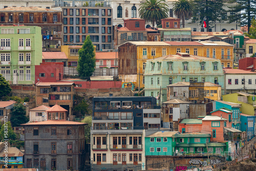 Detail of colorful houses of Valparaiso on hill in Playa Ancha, Valparaiso, Chile photo