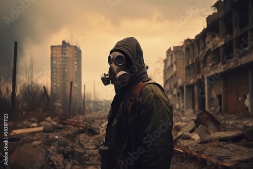 Man with gas mask in polluted industrial landscape Generative AI