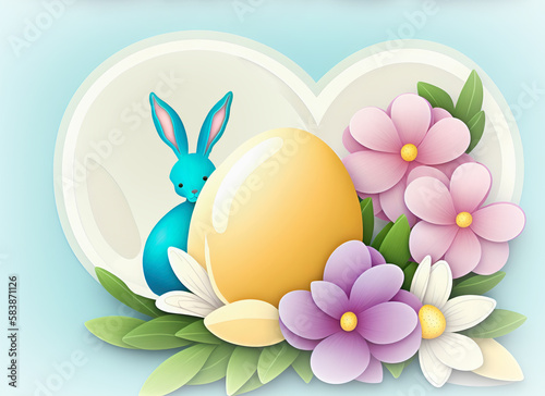 Festive Easter card with colorful Easter eggs  bunny and flowers.