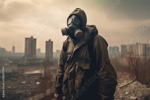 Man with gas mask in polluted industrial landscape Generative AI