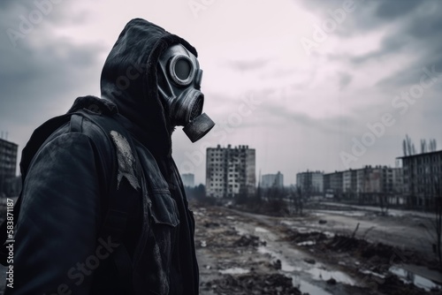 Man with gas mask in polluted industrial landscape Generative AI