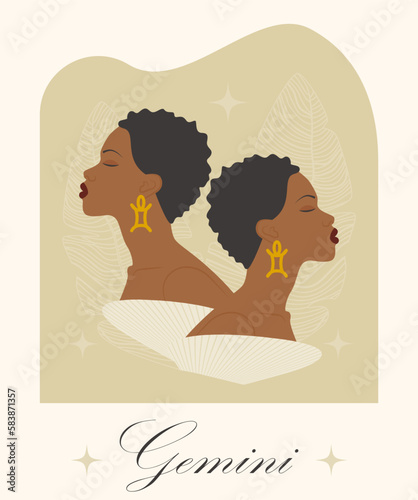 Gemini zodiac sign two women cartoon vector illustration. Twins in beige dress, astrological symbol personality.