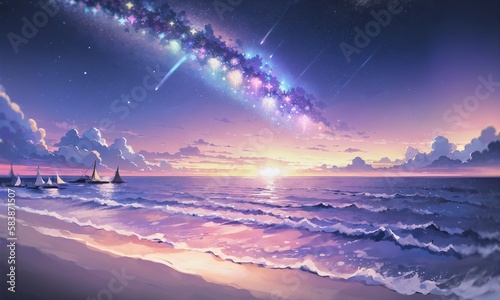 anime, sunrise over the sea, sunset over the ocean, night, stars, clouds, galaxy, beach, landscape. generative ai, generative, ai 