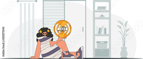 Girl seated on floor clutching IoT logo modern character style vector.