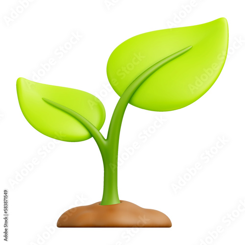 Green sprout plant growing in soil with leaves 3d vector icon on white background. Gardening, new life, ecology and nature concept