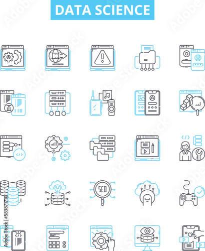 Data science vector line icons set. Data, Science, Mining, Analysis, Machine, Learning, Algorithms illustration outline concept symbols and signs