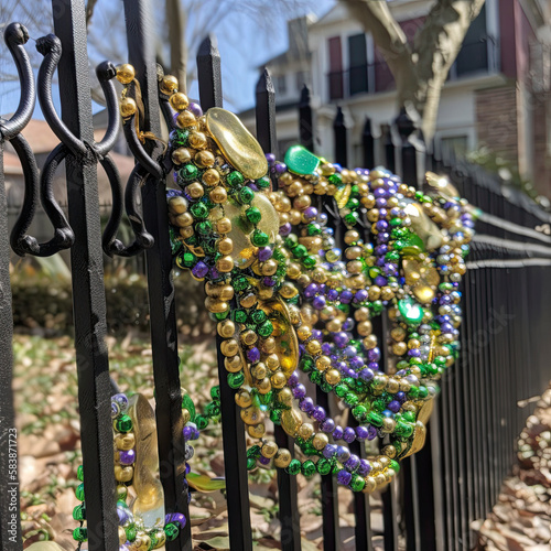 New Orleans Mardi Gras bead necklaces hanging on wrought iron fence in the day created with Generative AI technology