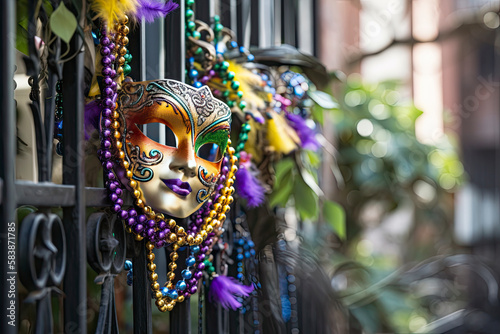 New Orleans Mardi Gras mask with bead necklaces hanging on wrought iron fence in the day created with Generative AI technology photo