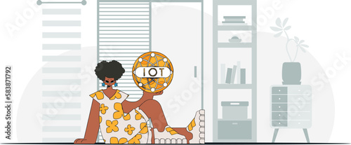 Girl holds IoT logo while serenely seated on floor in modern vector style.