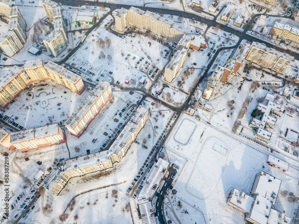 Obraz premium Novokuznetsk city district in winter from a bird's-eye view