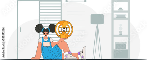 Girl holding IoT logo, modern vectorcharacter style, seated on floor. photo