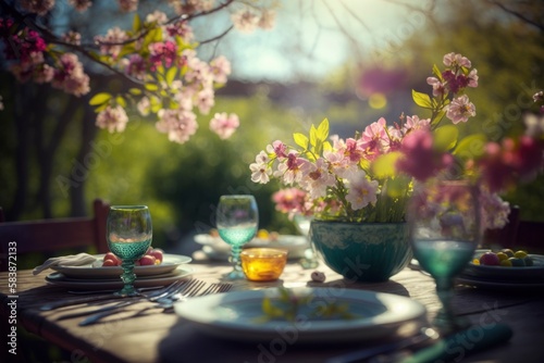 Informal spring meal in the outdoor garden, the table set for lunch and decorated with a bouquet of natural flowers. Selective focus. Illustration. Generative AI.