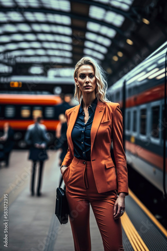 Beautiful executive business woman waiting for the train on the platform in a European city, dressed in a suit jacket. Modern and independent. Leadership. Illustration. Generative AI
