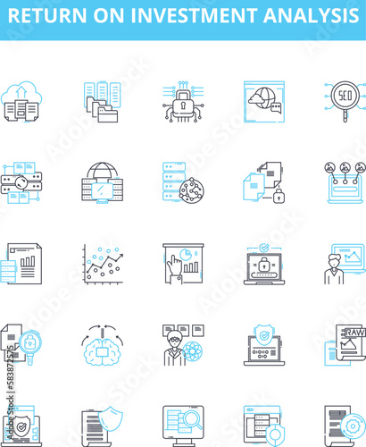 Return on investment analysis vector line icons set. ROI, Analysis, Return, Investment, Financial, Profitability, Cost-Benefit illustration outline concept symbols and signs