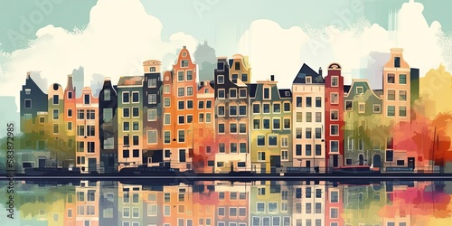 Amstel Charm  Dancing Houses and Landmarks of Old Amsterdam, Generative AI photo