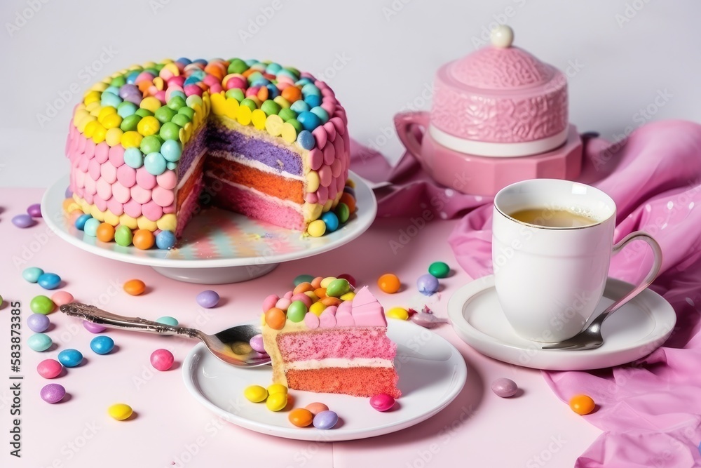 Delicious and beautiful cake with rainbow colors, served with tea or coffee. Generative AI Delicious and beautiful cake with rainbow colors, served with tea or coffee. Generative AI