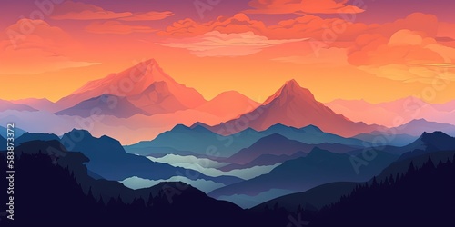 Panoramic view of a stunning mountain peak landscape at sunset from high above the clouds, Generative AI