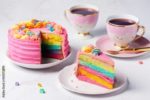 Delicious and beautiful cake with rainbow colors, served with tea or coffee. Generative AI