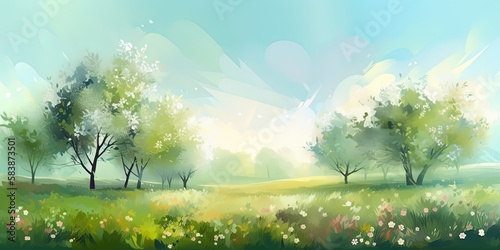 The blurred spring background showcases the beauty of nature with blooming glade, trees, and blue sky, Generative AI © Oleksii