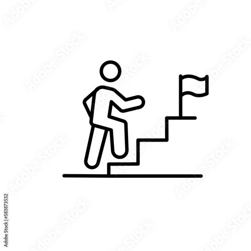 Businessman running up stairway to flag thin line icon. Career, challenge, trouble isolated outline sign. Business and startup concept. Vector illustration symbol element for web design and apps.