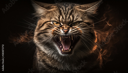 Hissing angry cat portrait. Agressive growling cat or feline. Ai generated