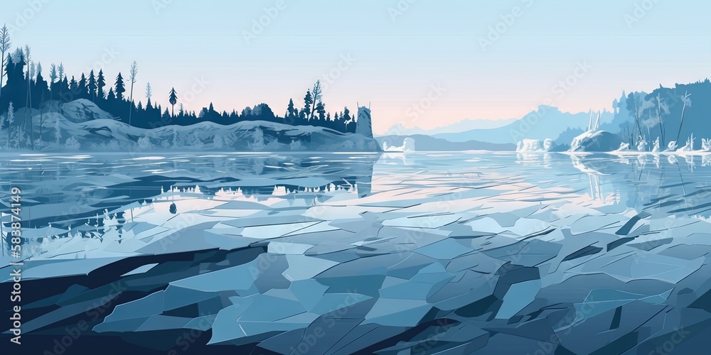 Frozen Carpathian lake with blue ice and cracks under a wintry blue sky amidst pine hills, Ukraine, Europe, Generative AI