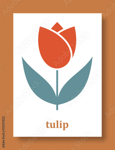 Abstract symbol of tulip flower. Simple minimal style of tulip petals and branch with leaves. Vector illustration.