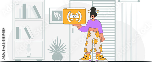 Girl hold IoT logo. modern vector character style.